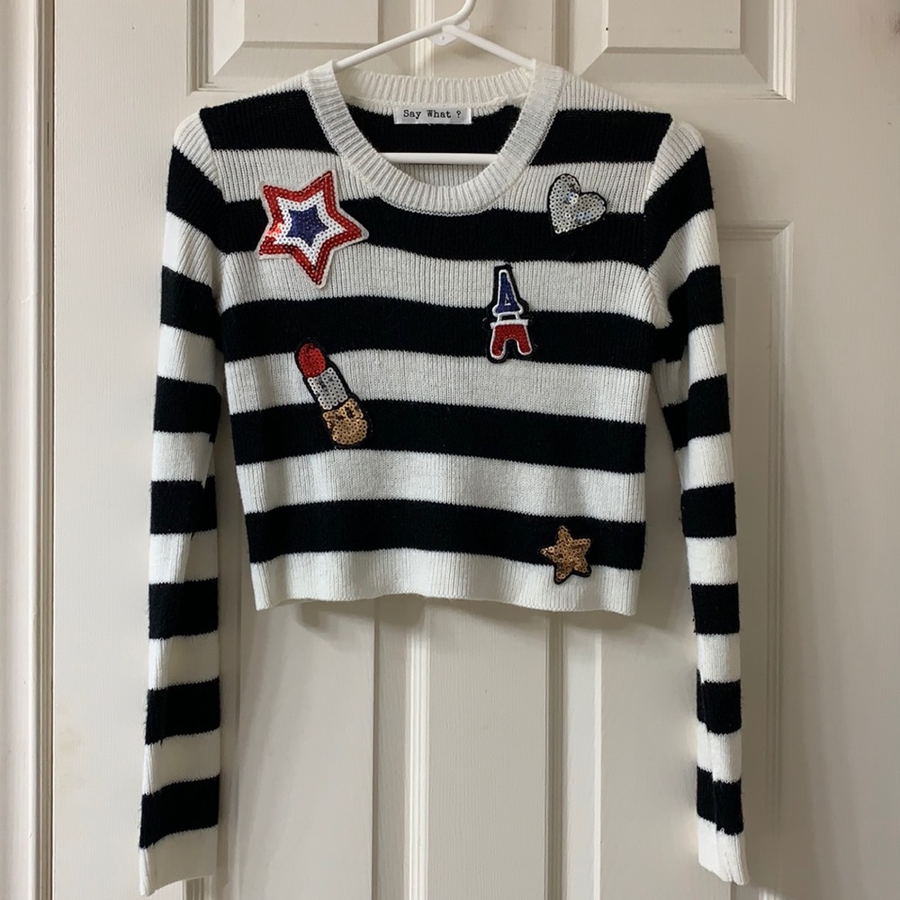 🌷3 for $25🌷Say What?, US M (Girl), White & Black Stripe Sequin Applique Sweater